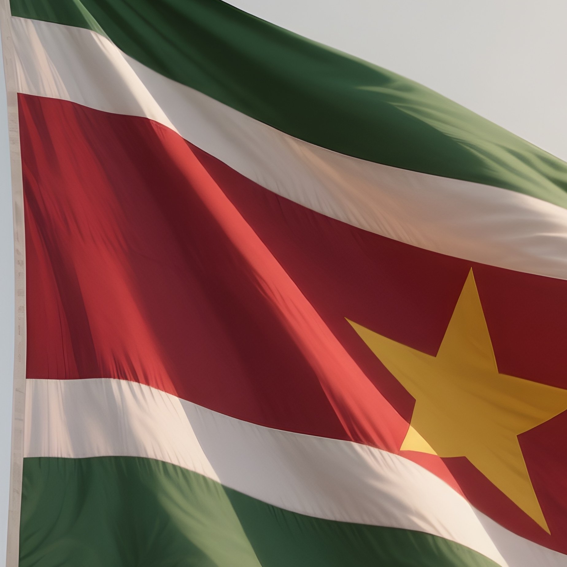 A Photorealistic Scene Of The National Flag Of Suriname Flying At Half Mast On A Tall Flagpole, Gently Lowering In The Wind Against A Respectful, Calm Backdrop With Soft Natural Lighting. - Full Resolution Quality Preview