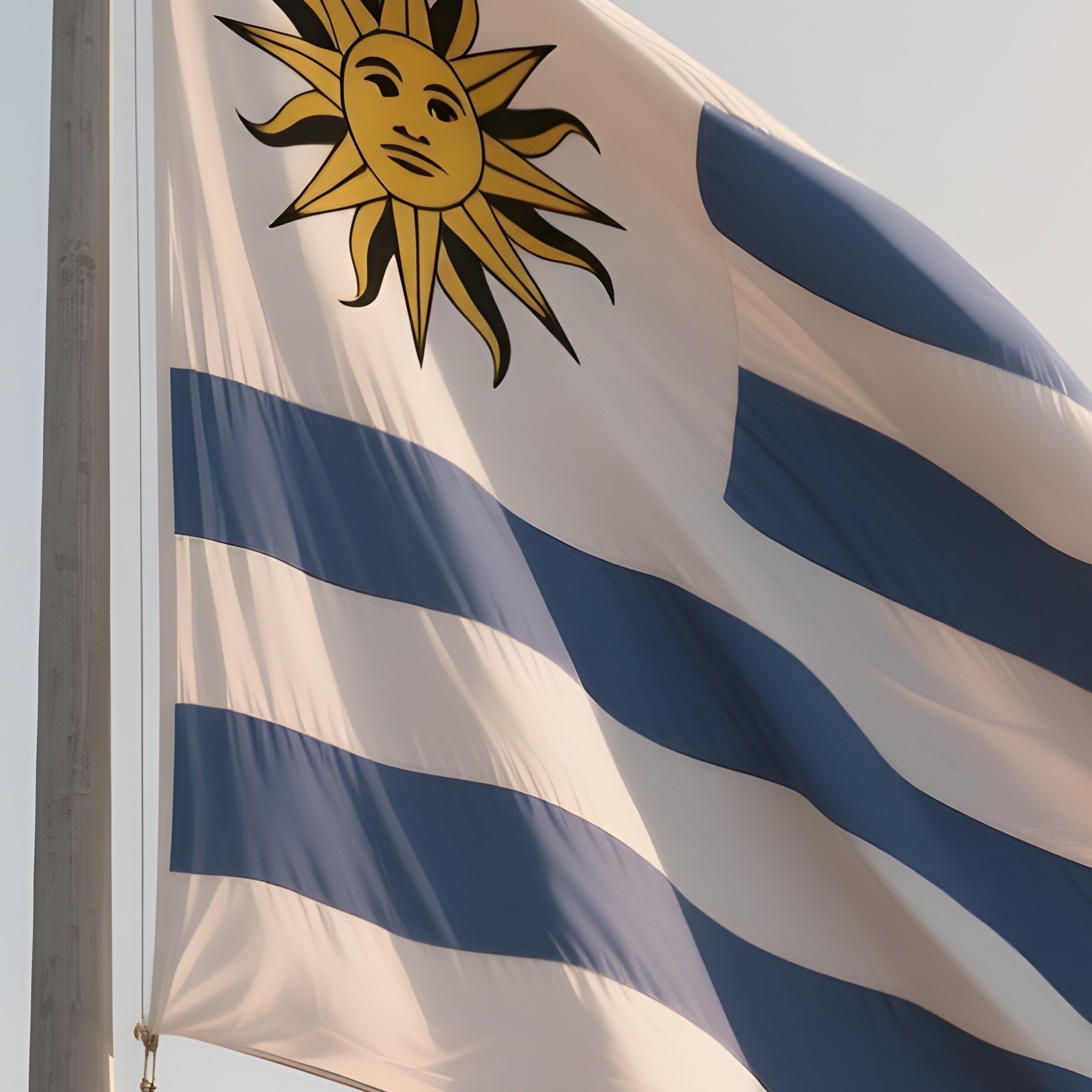 A Photorealistic Scene Of The National Flag Of Uruguay Flying At Half Mast On A Tall Flagpole, Gently Lowering In The Wind Against A Respectful, Calm Backdrop With Soft Natural Lighting. - Full Resolution Quality Preview