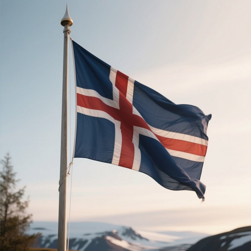 A Photorealistic Scene Of The National Flag Of Iceland Flying At Half Mast On A Tall Flagpole, Gently Lowering In The Wind Against A Respectful, Calm Backdrop With Soft Natural Lighting.