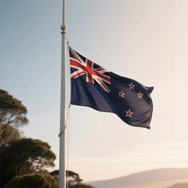 A Photorealistic Scene Of The National Flag Of New Zealand Flying At Half Mast On A Tall Flagpole, Gently Lowering In The Wind Against A Respectful, Calm Backdrop With Soft Natural Lighting.