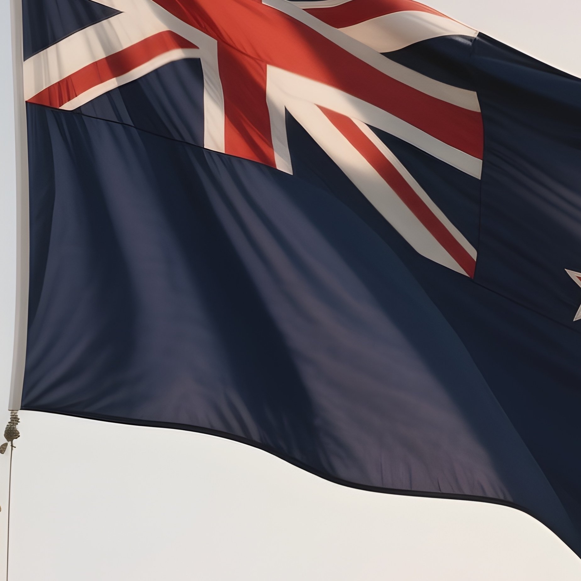 A Photorealistic Scene Of The National Flag Of New Zealand Flying At Half Mast On A Tall Flagpole, Gently Lowering In The Wind Against A Respectful, Calm Backdrop With Soft Natural Lighting. - Full Resolution Quality Preview
