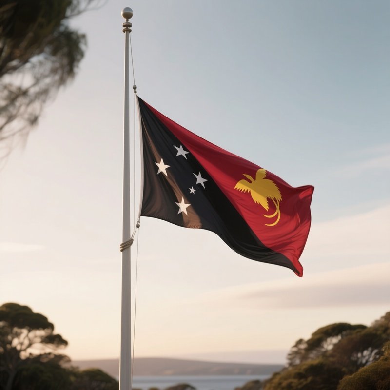 A Photorealistic Scene Of The National Flag Of Papua New Guinea Flying At Half Mast On A Tall Flagpole, Gently Lowering In The Wind Against A Respectful, Calm Backdrop With Soft Natural Lighting.