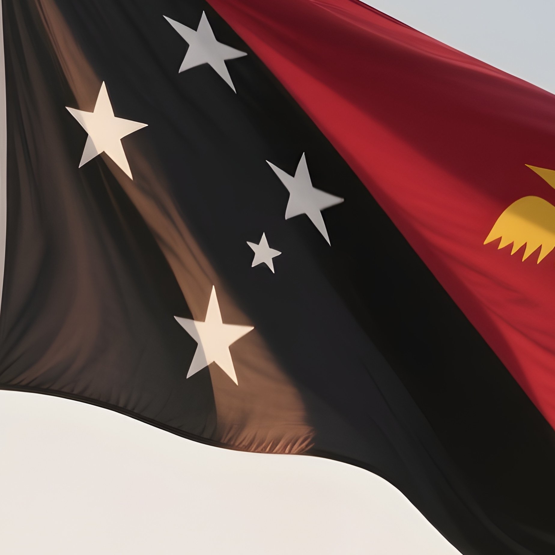 A Photorealistic Scene Of The National Flag Of Papua New Guinea Flying At Half Mast On A Tall Flagpole, Gently Lowering In The Wind Against A Respectful, Calm Backdrop With Soft Natural Lighting. - Full Resolution Quality Preview