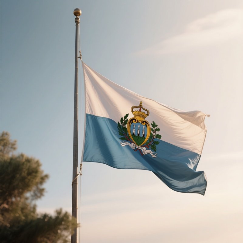 A Photorealistic Scene Of The National Flag Of San Marino Flying At Half Mast On A Tall Flagpole, Gently Lowering In The Wind Against A Respectful, Calm Backdrop With Soft Natural Lighting.