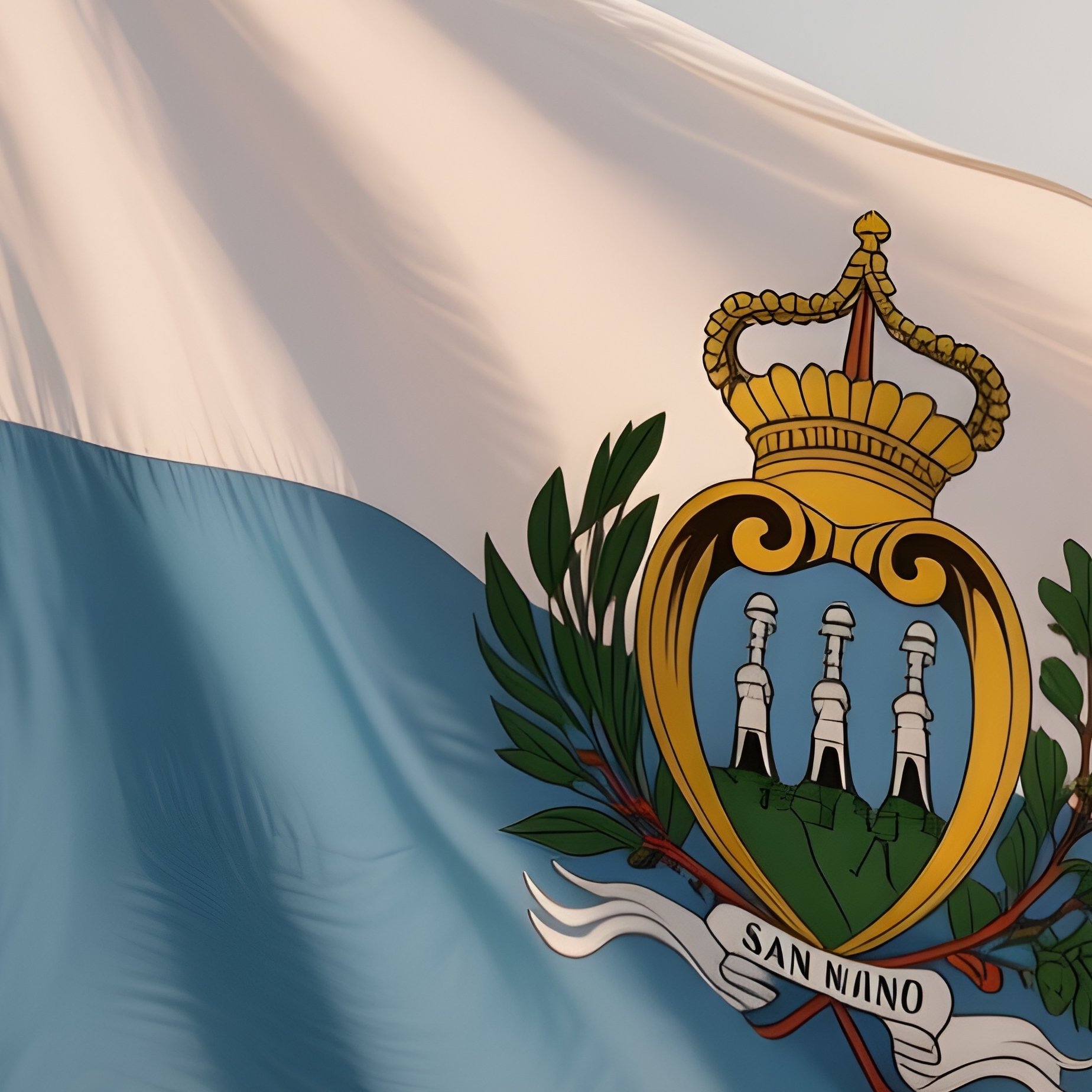 A Photorealistic Scene Of The National Flag Of San Marino Flying At Half Mast On A Tall Flagpole, Gently Lowering In The Wind Against A Respectful, Calm Backdrop With Soft Natural Lighting. - Full Resolution Quality Preview