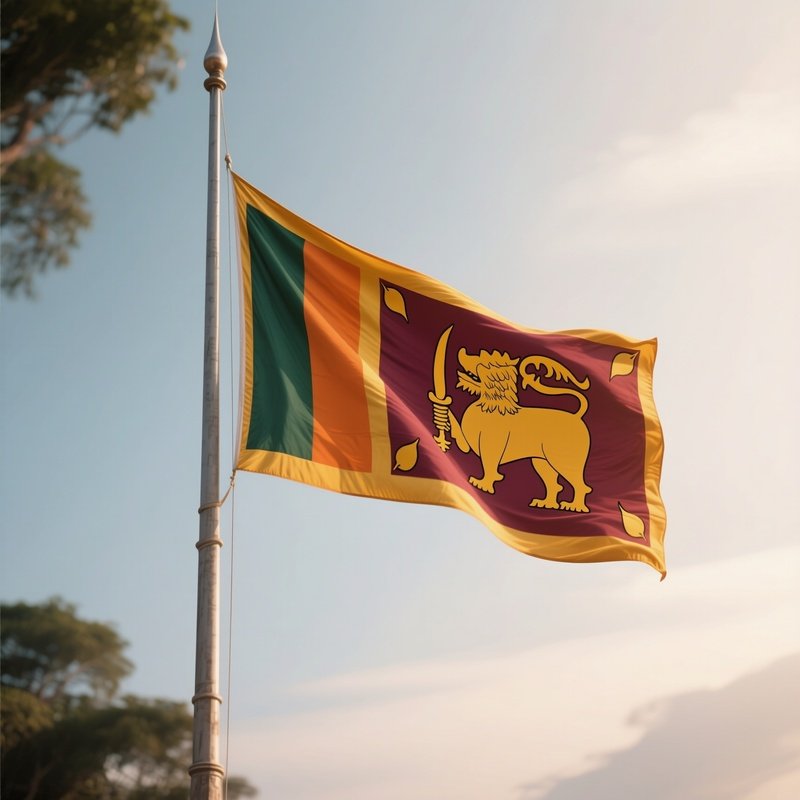 A Photorealistic Scene Of The National Flag Of Sri Lanka Flying At Half Mast On A Tall Flagpole, Gently Lowering In The Wind Against A Respectful, Calm Backdrop With Soft Natural Lighting.