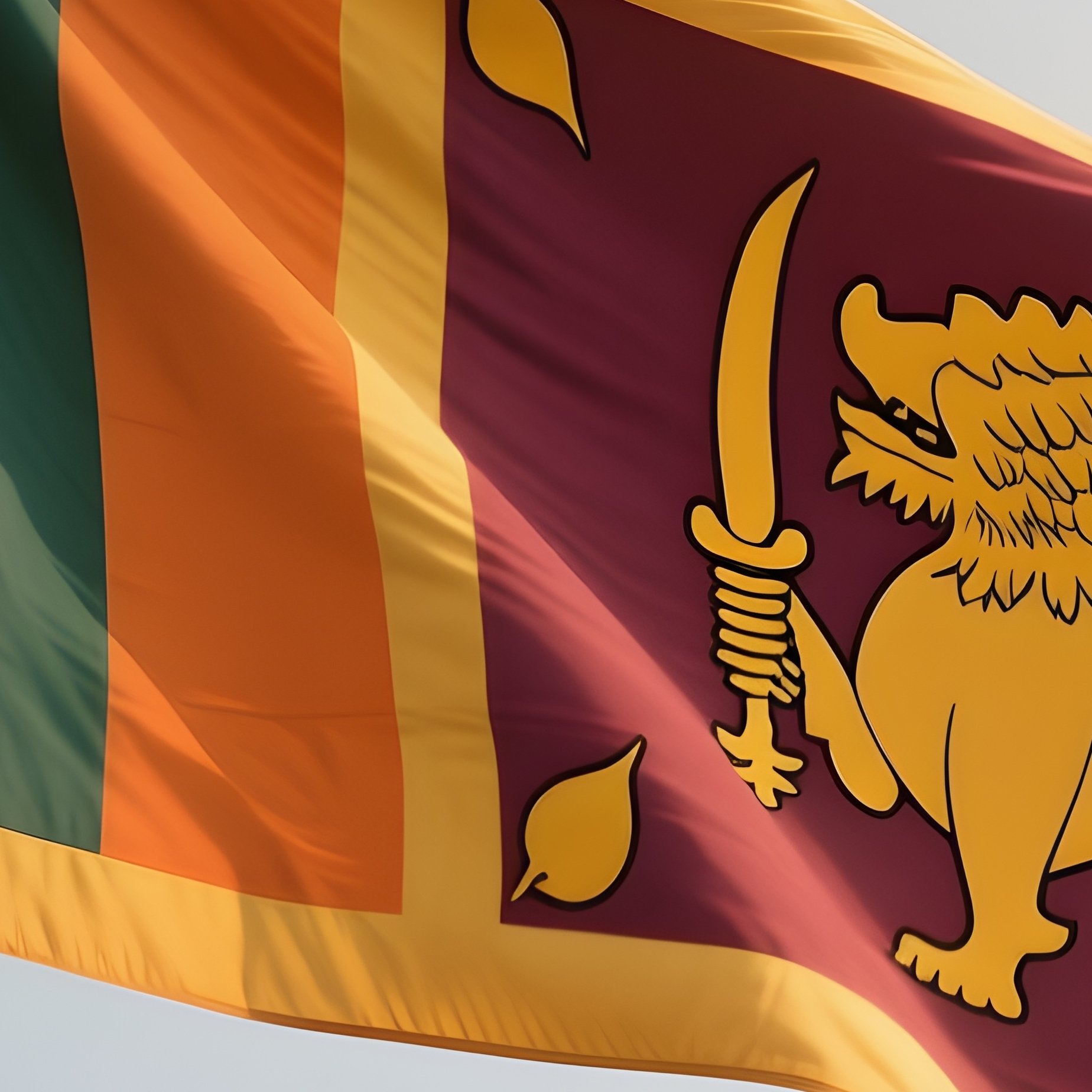 A Photorealistic Scene Of The National Flag Of Sri Lanka Flying At Half Mast On A Tall Flagpole, Gently Lowering In The Wind Against A Respectful, Calm Backdrop With Soft Natural Lighting. - Full Resolution Quality Preview
