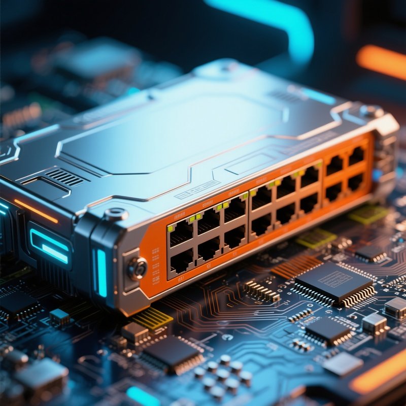 A Photorealistic Science Fiction Image Of A Network Switch Close Up