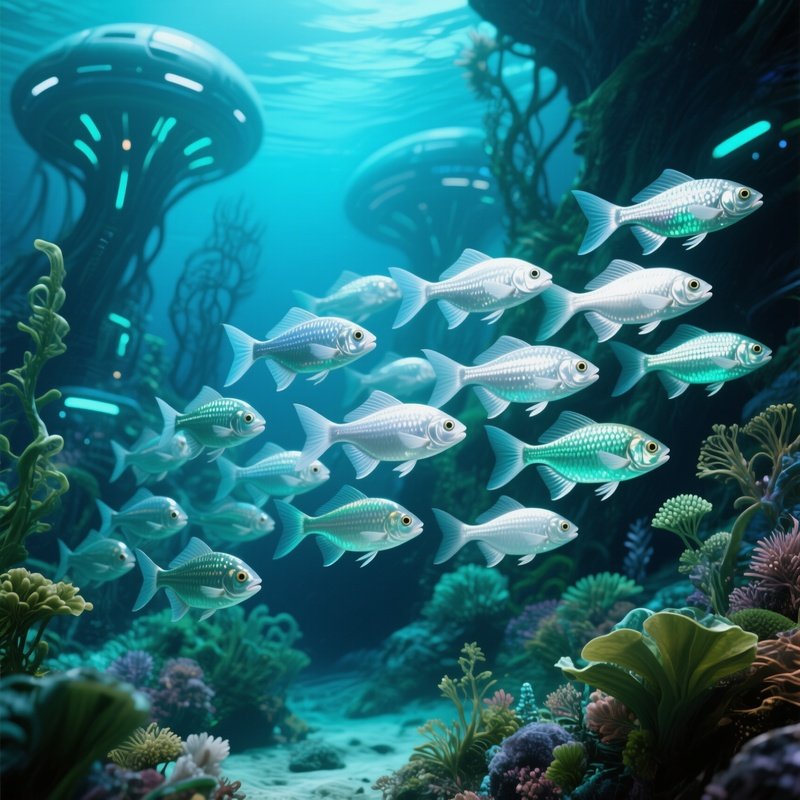 A Photorealistic Science Fiction Tight Shimmering School Of Tetras