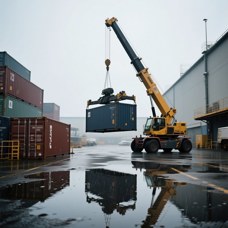 A Photorealistic Semi Automated Crane Moving Containers Across A Silent Industrial Yard With Reflections Shimmering In Rain Puddles.