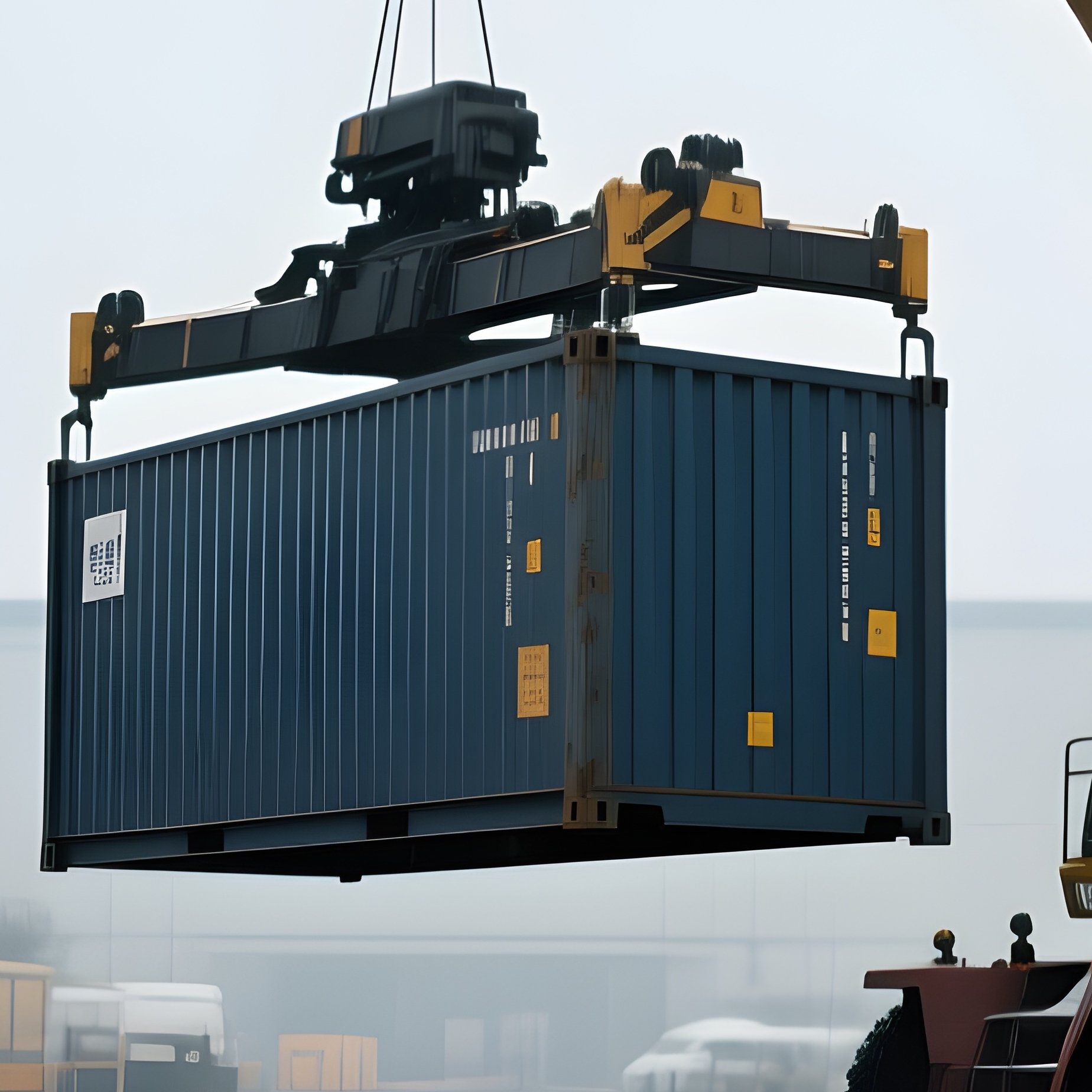 A Photorealistic Semi Automated Crane Moving Containers Across A Silent Industrial Yard With Reflections Shimmering In Rain Puddles. - Full Resolution Quality Preview