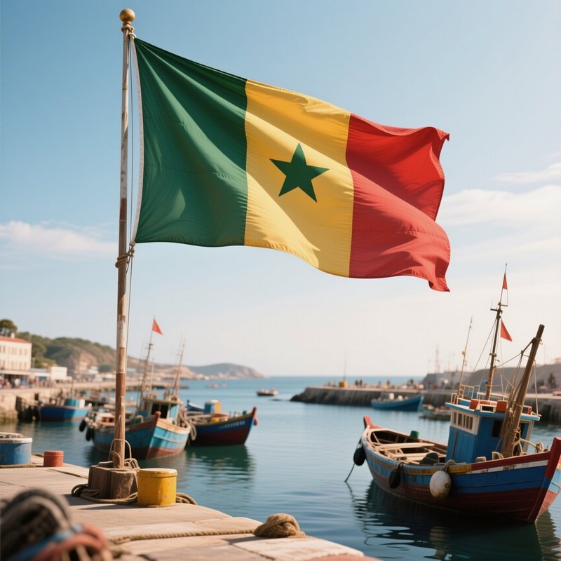 A Photorealistic Senegalese Flag Waving Beside A Coastal Fishing Harbor.