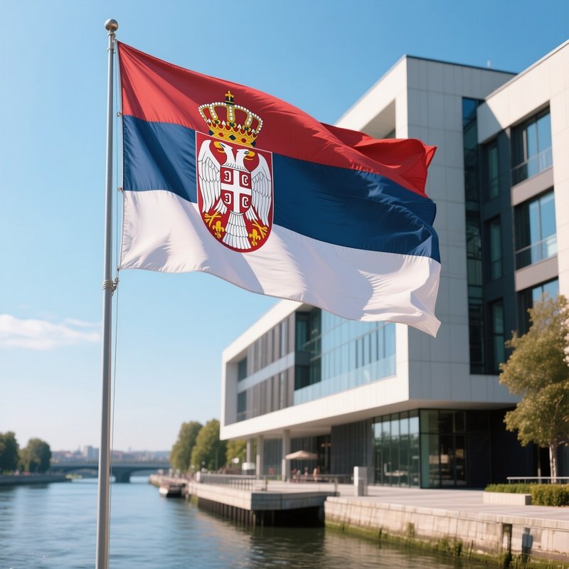 A Photorealistic Serbian Flag Waving Outside A Modern Riverfront Building Under Clear Skies.