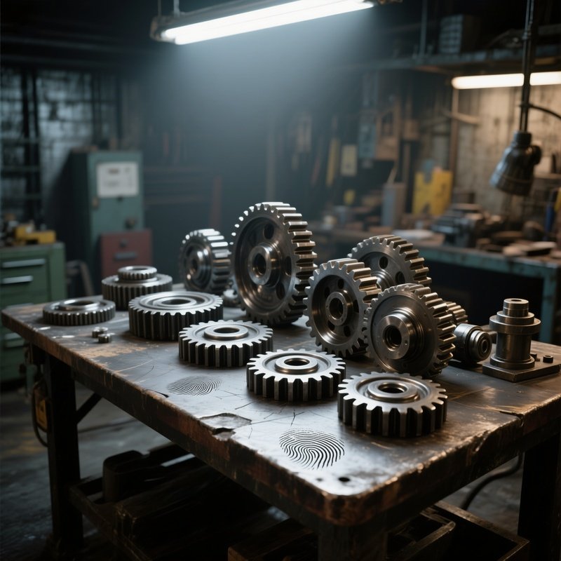 A Photorealistic Set Of Metal Gears Arranged On A Workshop Style Table Under Industrial Lighting With Visible Scratches And Fingerprints.