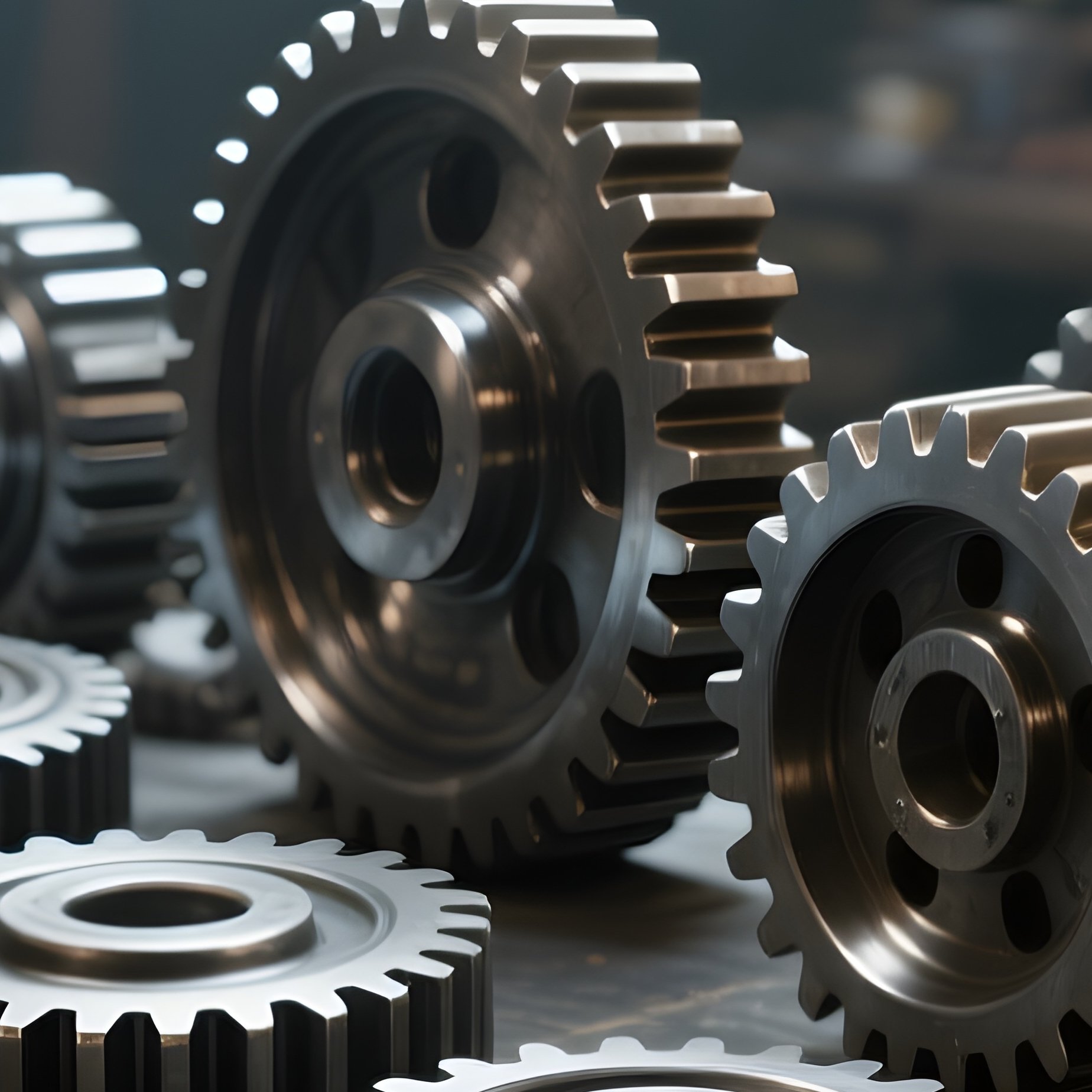 A Photorealistic Set Of Metal Gears Arranged On A Workshop Style Table Under Industrial Lighting With Visible Scratches And Fingerprints. - Full Resolution Quality Preview