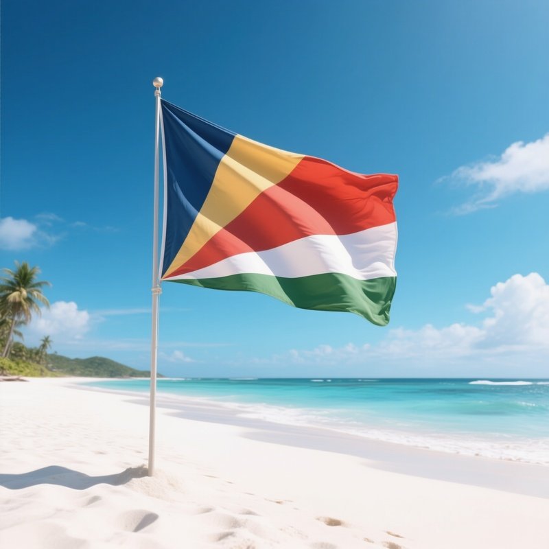 A Photorealistic Seychellois Flag Fluttering Above Pristine White Sand Beaches.