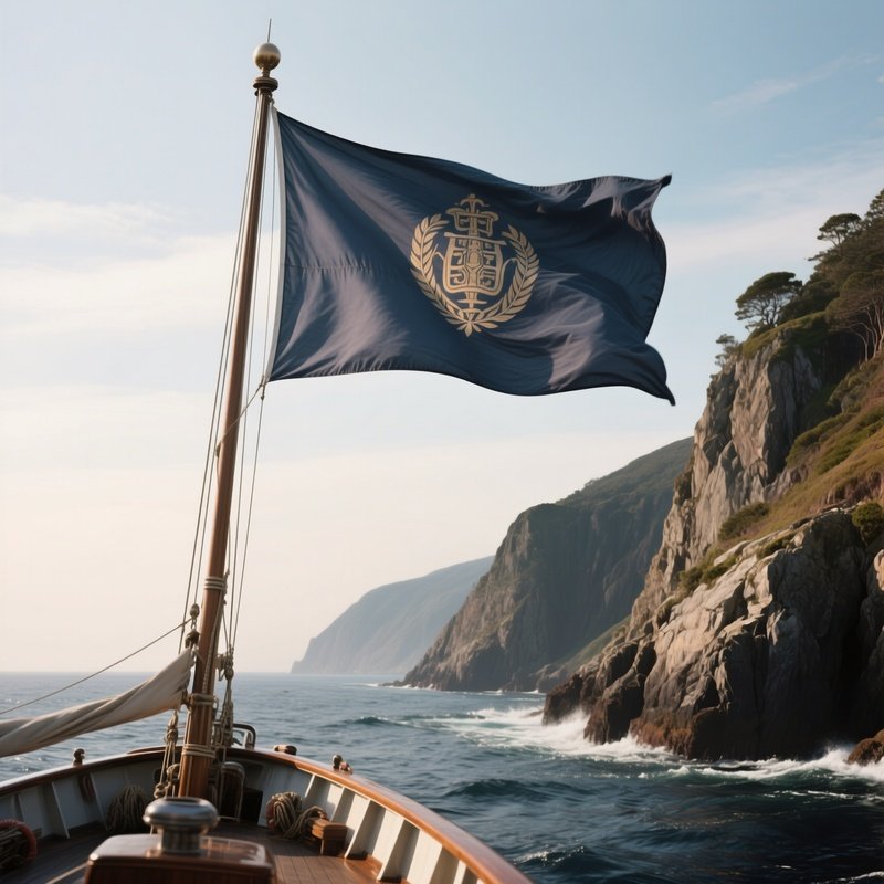 A Photorealistic Ship Flag Snapping Crisply As The Vessel Passes A Rocky Coastline.