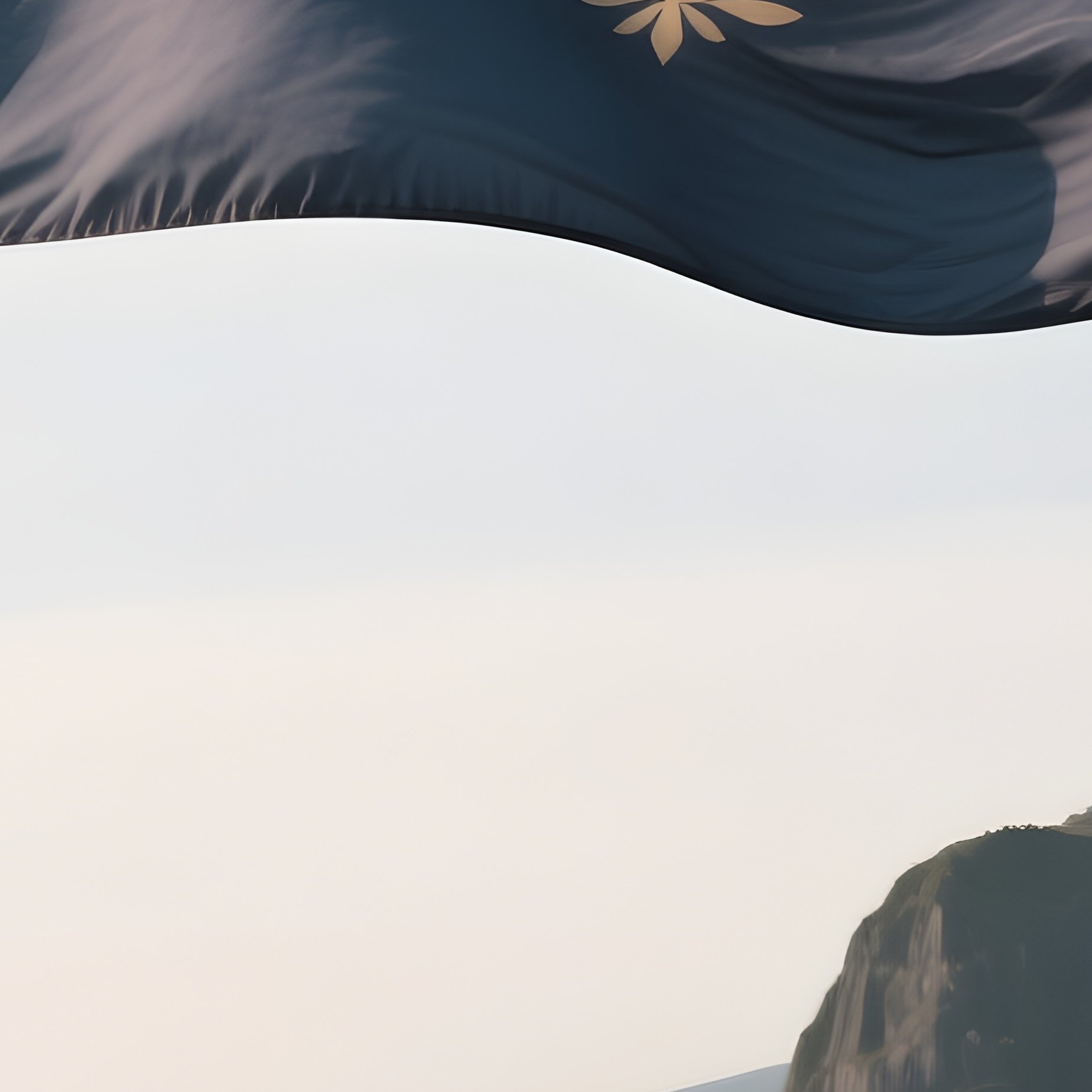 A Photorealistic Ship Flag Snapping Crisply As The Vessel Passes A Rocky Coastline. - Full Resolution Quality Preview