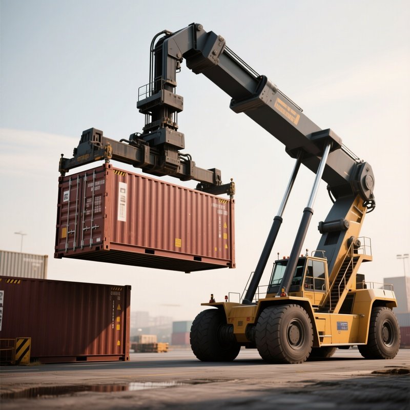 A Photorealistic Side Loader Hoisting A Container From Ground Level Into Its Frame With Hydraulic Arms Extended.