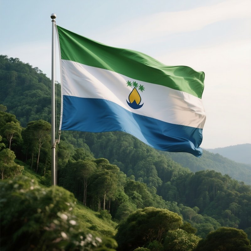 A Photorealistic Sierra Leone Flag Waving Beside A Green Forested Hillside.
