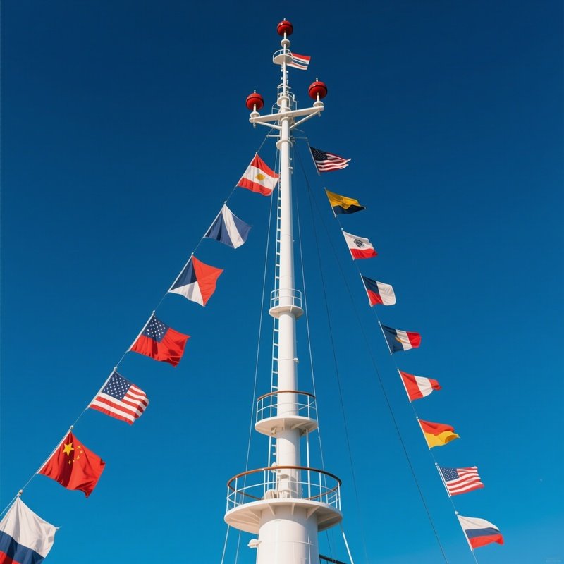 A Photorealistic Signal Flag Set Arranged Along A Ship’S Mast Against Deep Blue Sky.