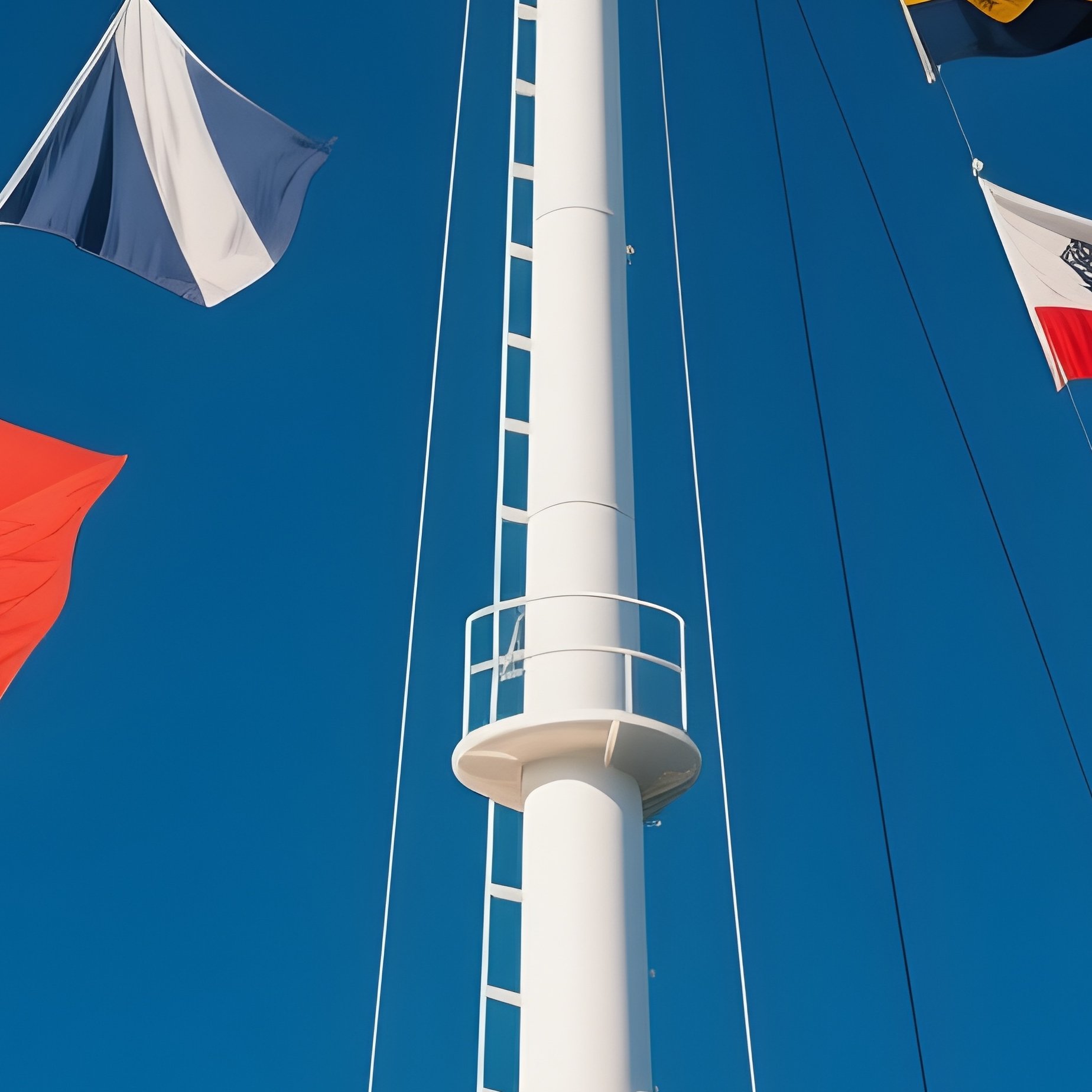 A Photorealistic Signal Flag Set Arranged Along A Ship’S Mast Against Deep Blue Sky. - Full Resolution Quality Preview
