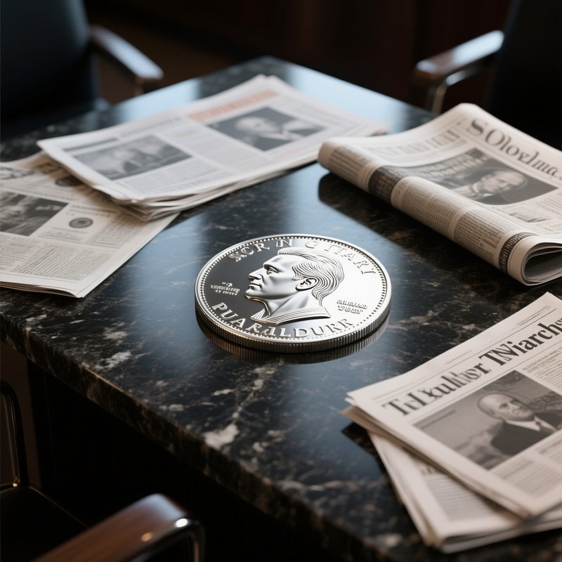 A Photorealistic Silver Dollar Symbol Engraved Into A Dark Granite Tabletop With Financial Newspapers Spread Around It.