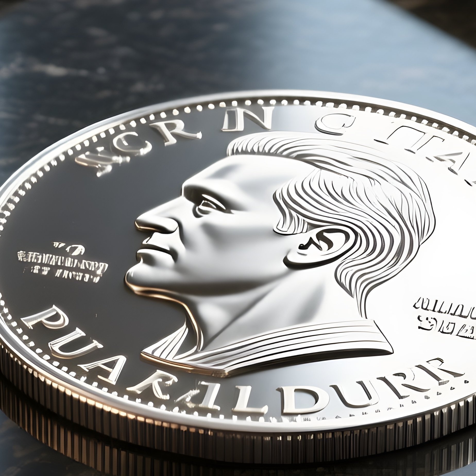A Photorealistic Silver Dollar Symbol Engraved Into A Dark Granite Tabletop With Financial Newspapers Spread Around It. - Full Resolution Quality Preview