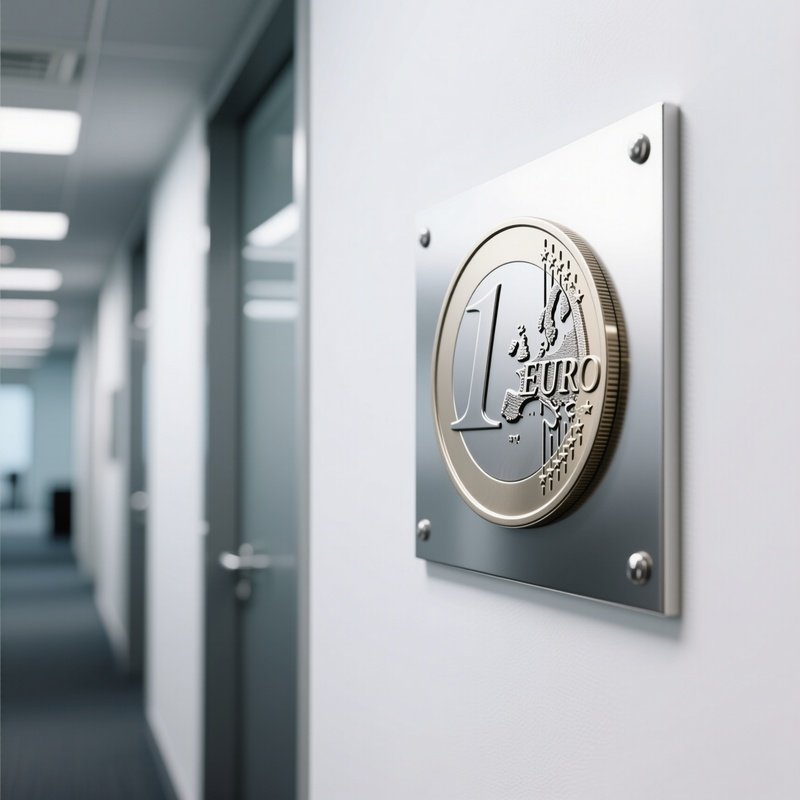 A Photorealistic Silver Euro Plaque Mounted On A White Wall In A Corporate Hallway.