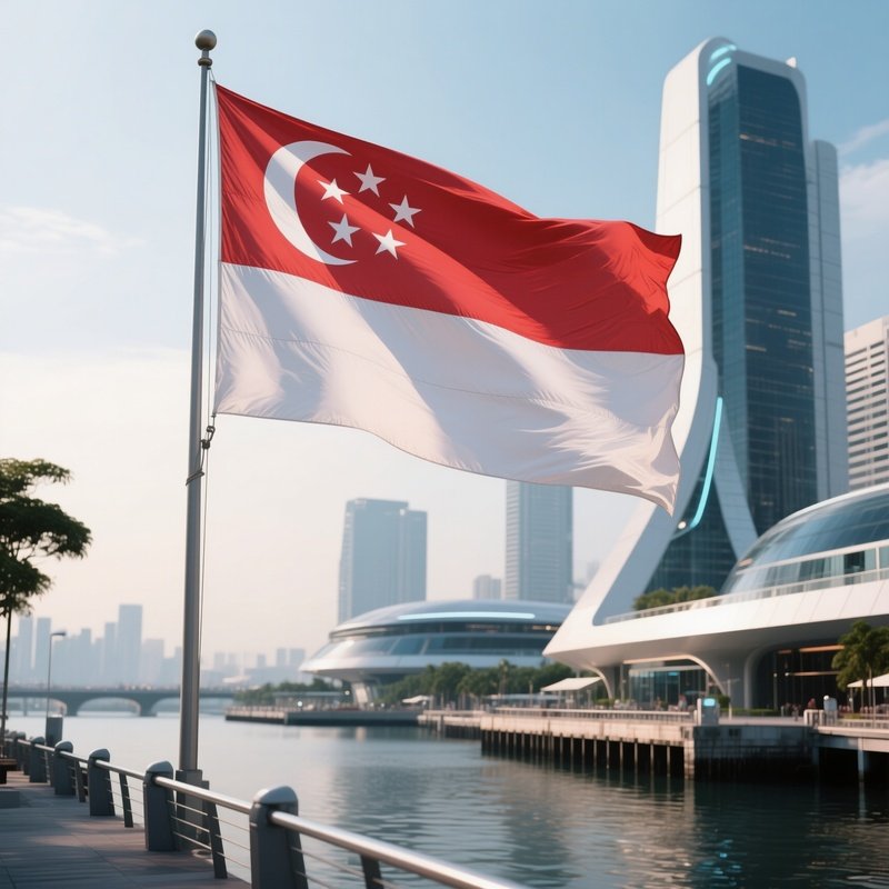 A Photorealistic Singaporean Flag Fluttering Near Futuristic Waterfront Architecture.