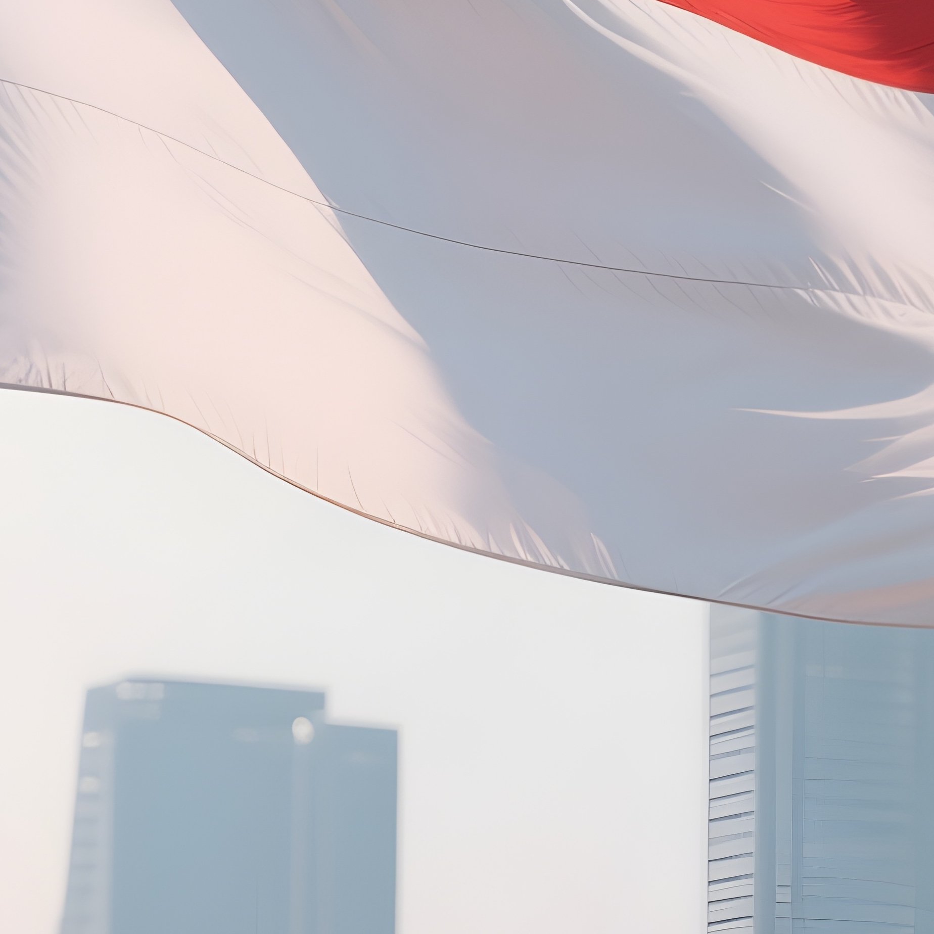 A Photorealistic Singaporean Flag Fluttering Near Futuristic Waterfront Architecture. - Full Resolution Quality Preview