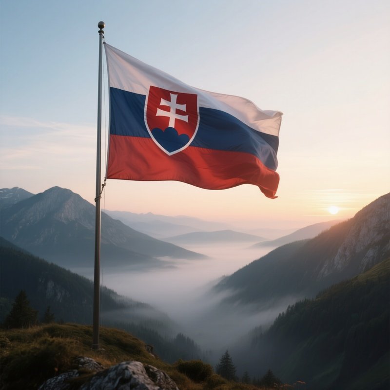 A Photorealistic Slovak Flag Flying Over A Foggy Mountain Valley At Sunrise.