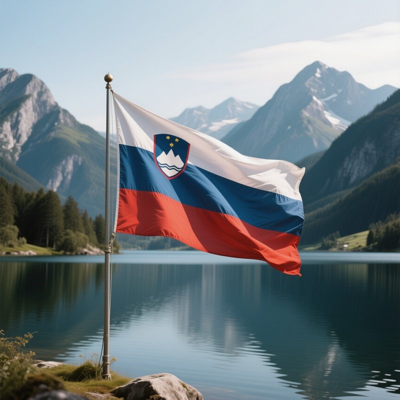 A Photorealistic Slovenian Flag Fluttering Near A Calm Alpine Lake With Mountains Behind.