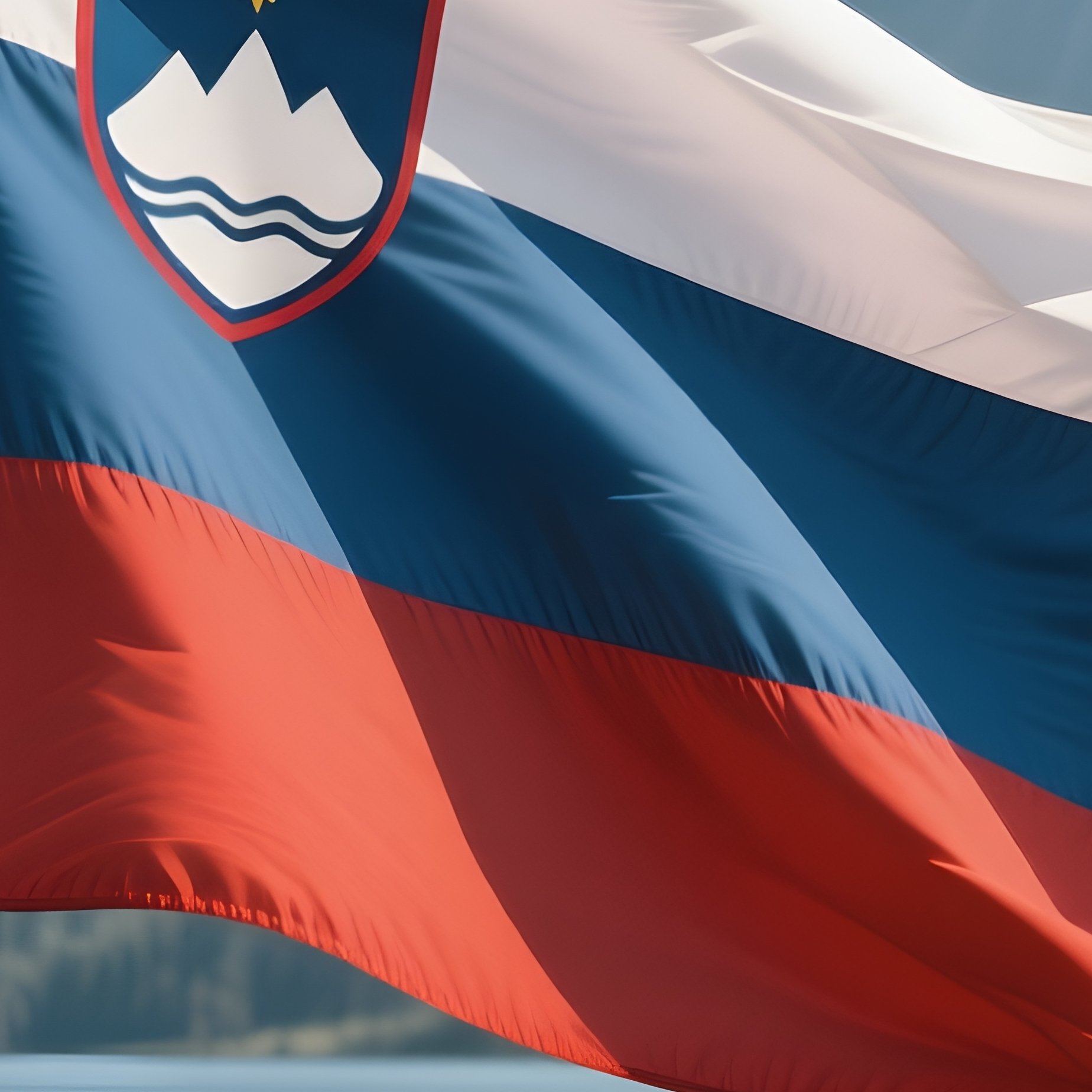 A Photorealistic Slovenian Flag Fluttering Near A Calm Alpine Lake With Mountains Behind. - Full Resolution Quality Preview