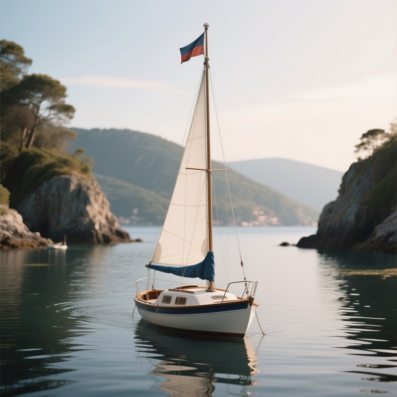 A Photorealistic Small Sailboat With A Simple Stern Flag Drifting Peacefully In A Sheltered Bay.