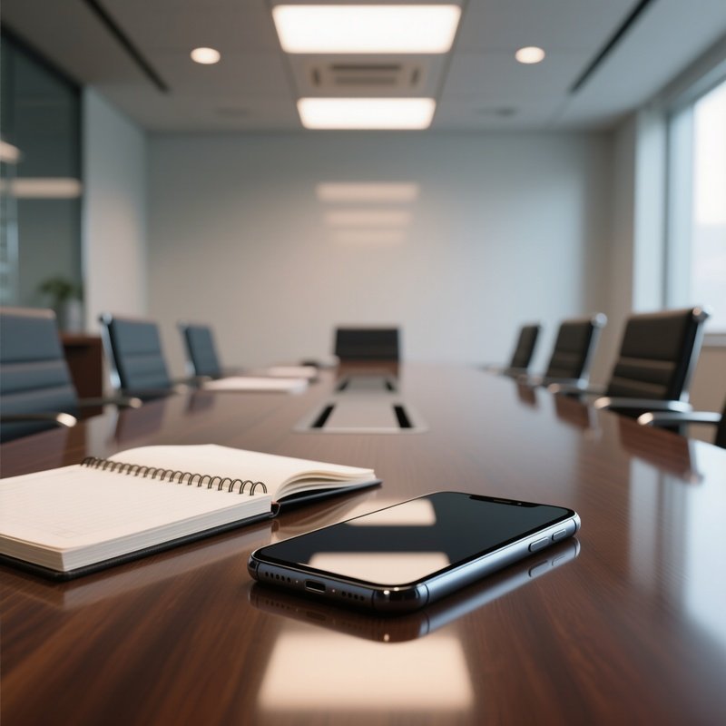 A Photorealistic Smartphone Lying On A Meeting Table Next To Open Notebooks And Reflections From Overhead Lights.