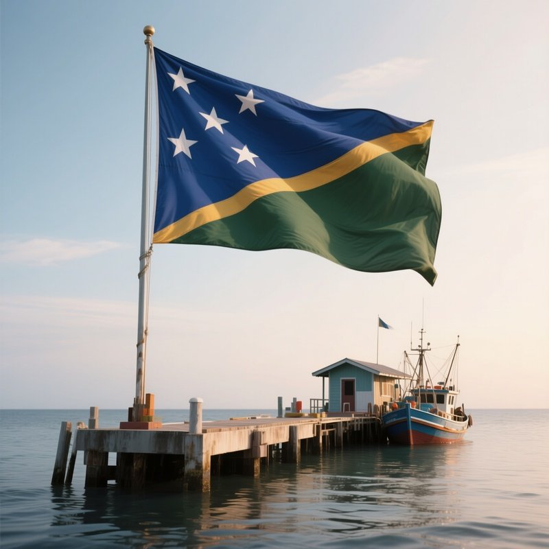 A Photorealistic Solomon Islands Flag Waving Beside A Small Fishing Pier.