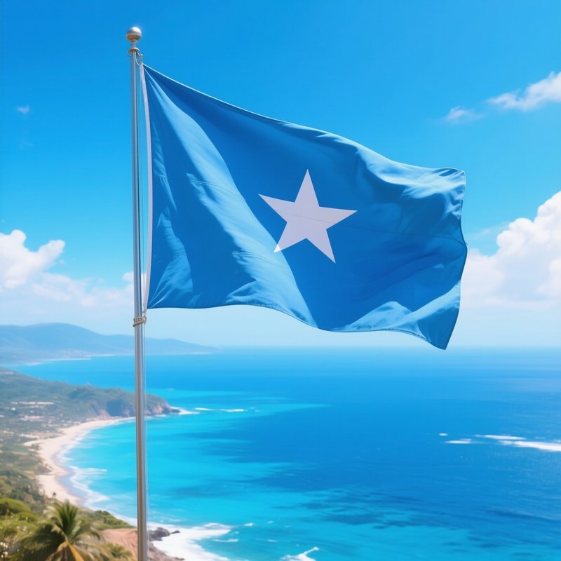 A Photorealistic Somali Flag Fluttering Above A Bright Blue Coastal Landscape.