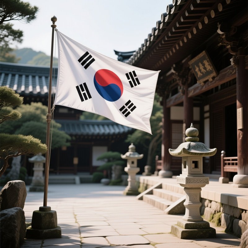 A Photorealistic South Korean Flag Fluttering Beside A Quiet Temple Courtyard With Stone Lanterns.