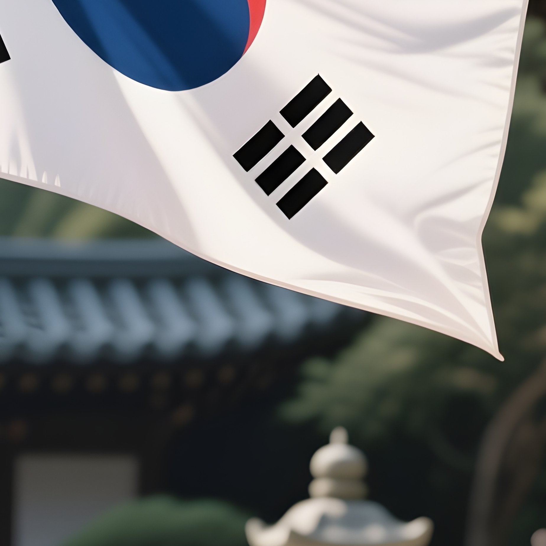 A Photorealistic South Korean Flag Fluttering Beside A Quiet Temple Courtyard With Stone Lanterns. - Full Resolution Quality Preview
