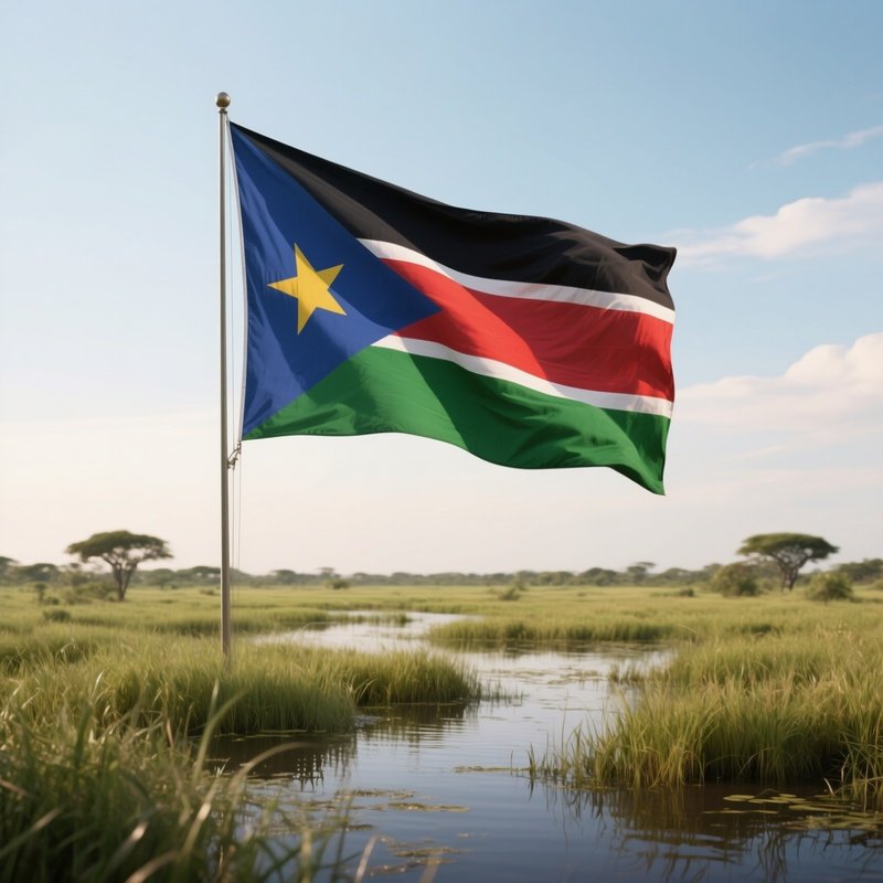 A Photorealistic South Sudanese Flag Waving Above A Grassy Floodplain.