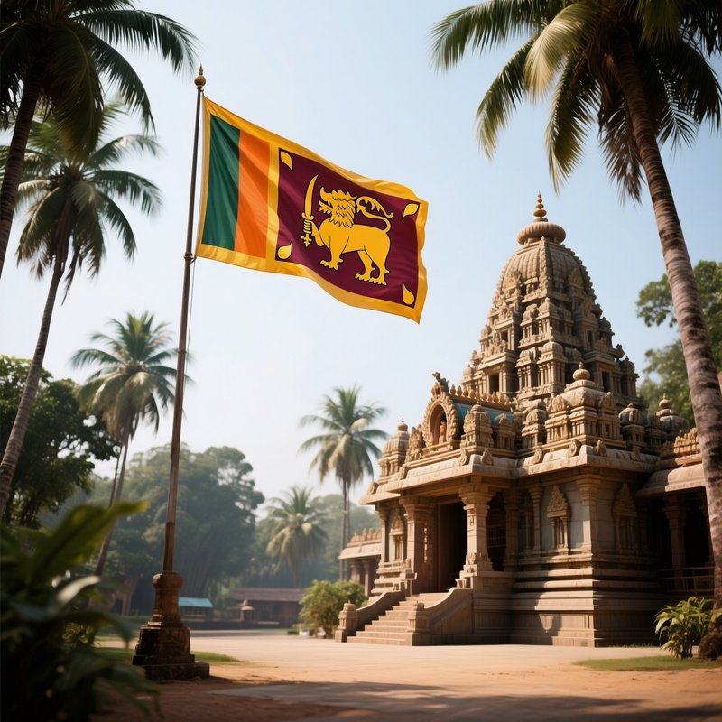 A Photorealistic Sri Lankan Flag Fluttering Beside A Temple Beneath Tall Palm Trees.