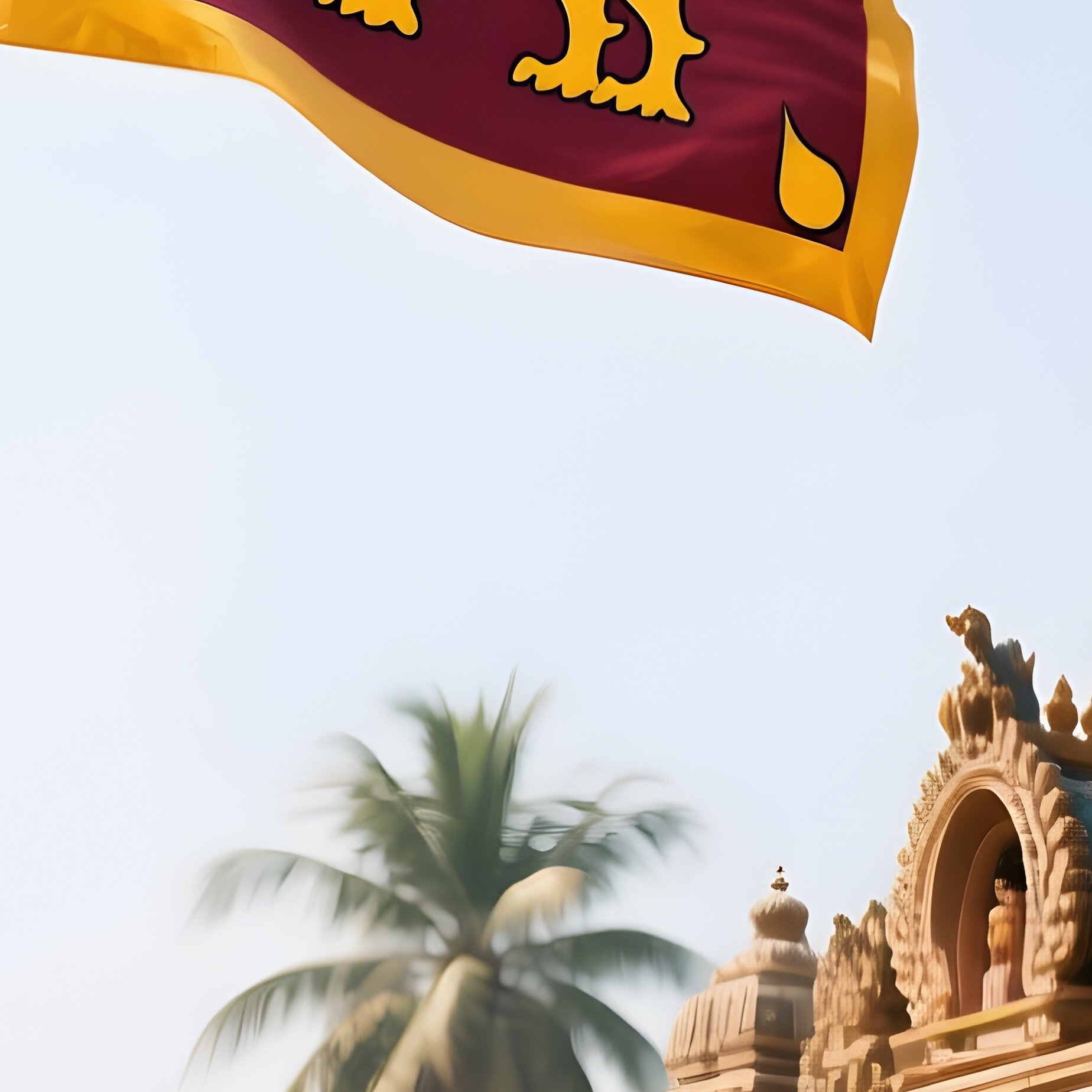 A Photorealistic Sri Lankan Flag Fluttering Beside A Temple Beneath Tall Palm Trees. - Full Resolution Quality Preview