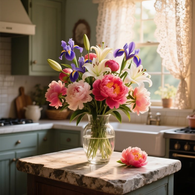 A Photorealistic Still Life Of A Glass Vase Overflowing With Bright Peonies, Lilies, And Irises,