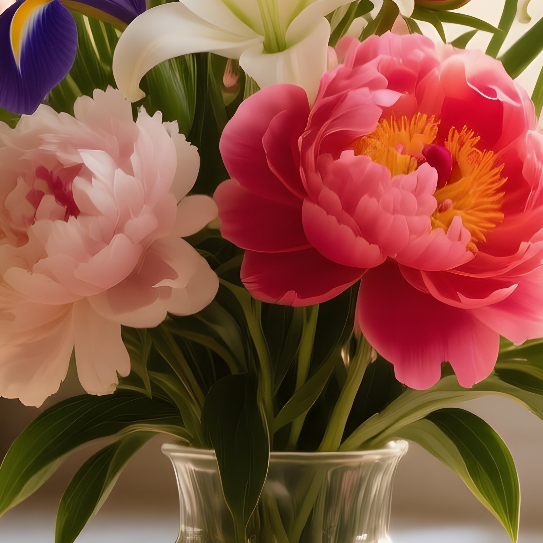 A Photorealistic Still Life Of A Glass Vase Overflowing With Bright Peonies, Lilies, And Irises, - Full Resolution Quality Preview