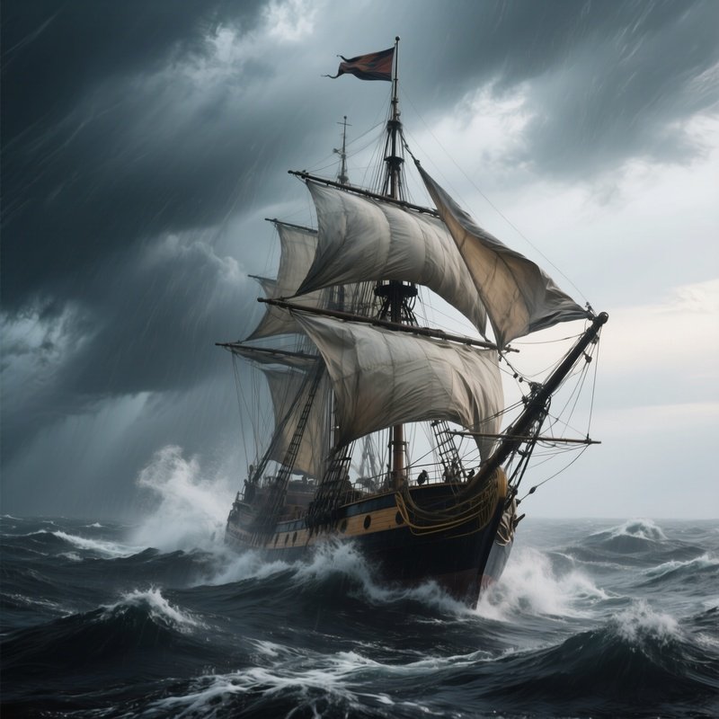 A Photorealistic Storm Tossed Vessel With Its Flag Bent Intensely Against Strong Offshore Winds.