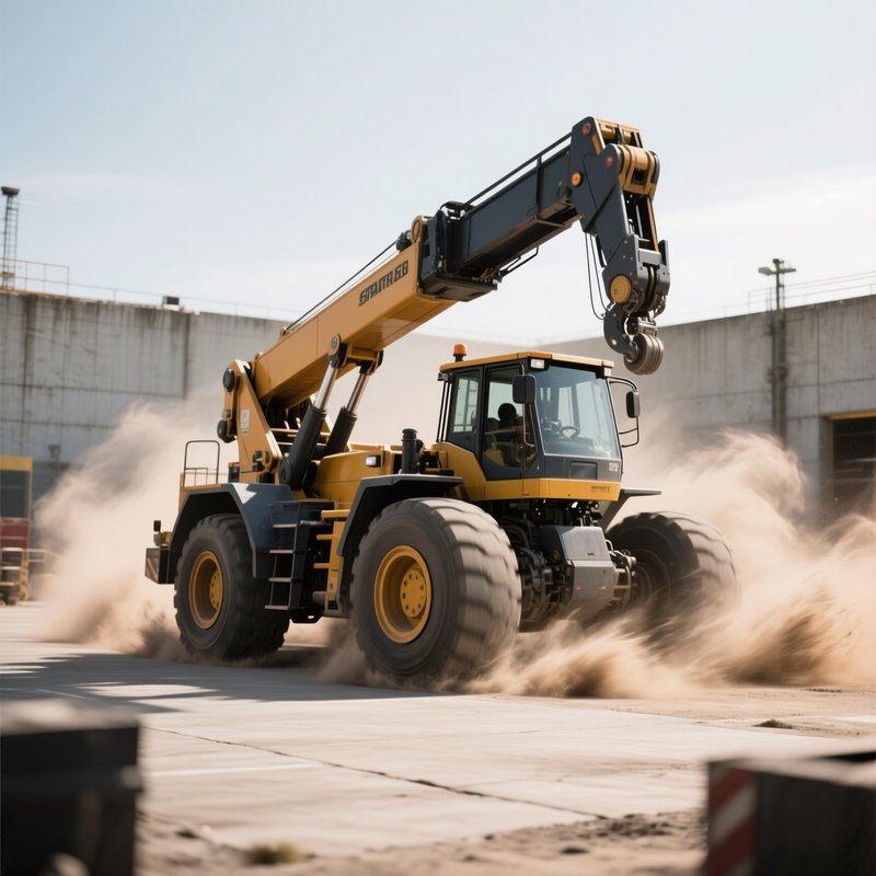 A Photorealistic Straddle Carrier Moving Briskly Across A Concrete Yard With Swirling Dust Behind Its Wheels.