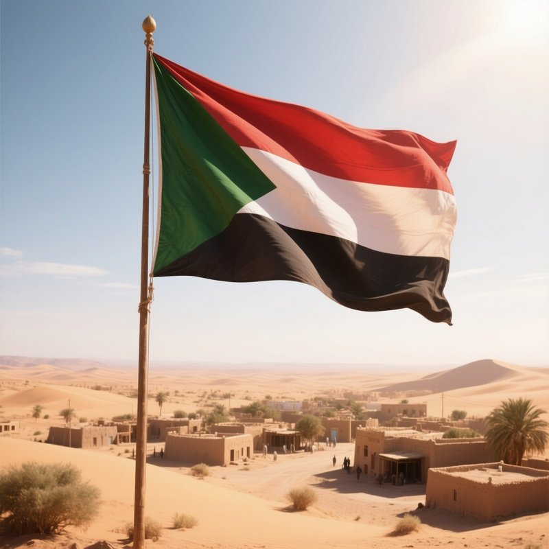 A Photorealistic Sudanese Flag Waving Above A Sunlit Desert Settlement.