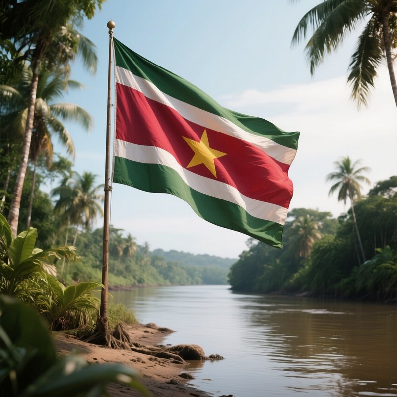 A Photorealistic Surinamese Flag Fluttering Near A Tropical Riverbank.