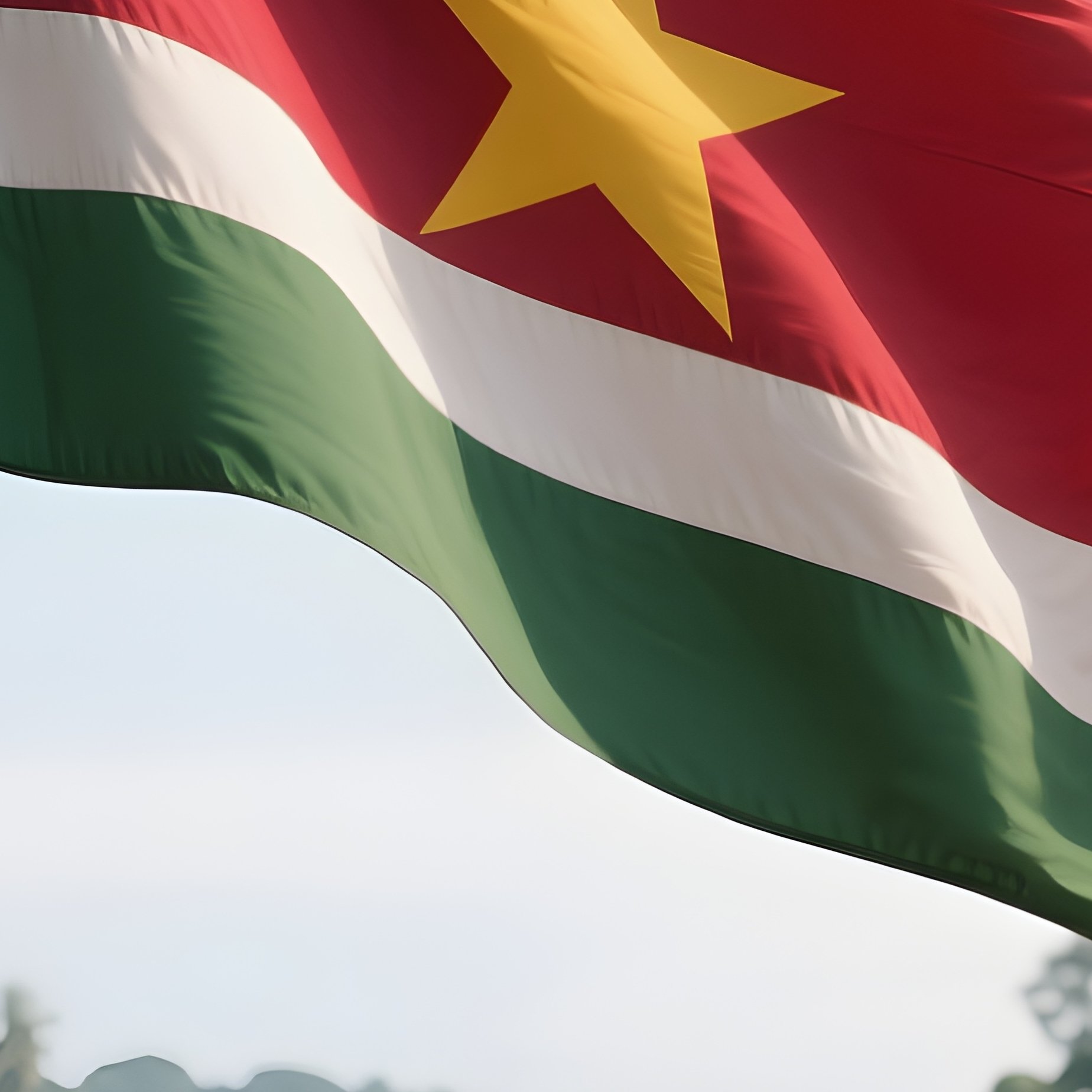 A Photorealistic Surinamese Flag Fluttering Near A Tropical Riverbank. - Full Resolution Quality Preview